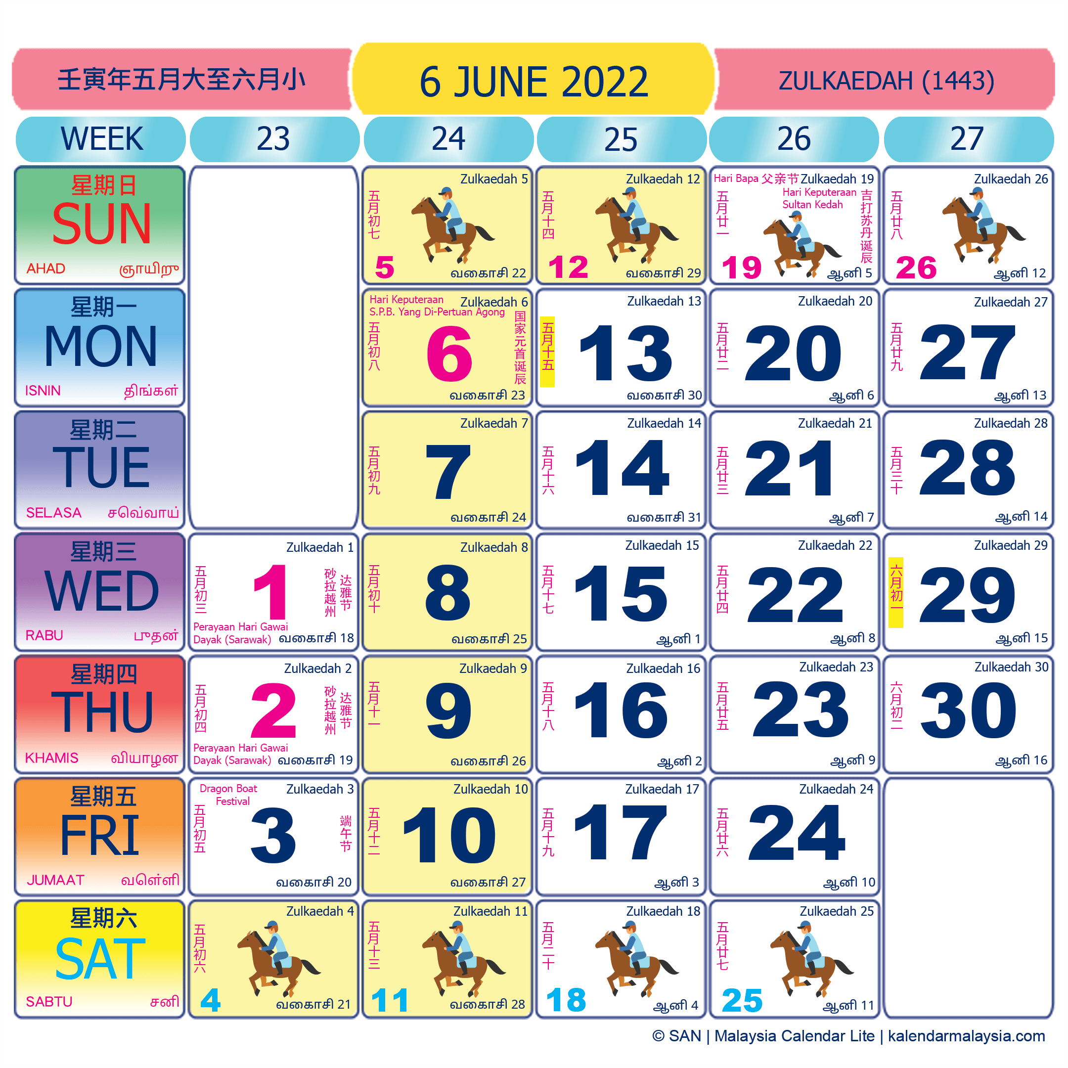Malaysia calendar June 2022 with public holidays marked
